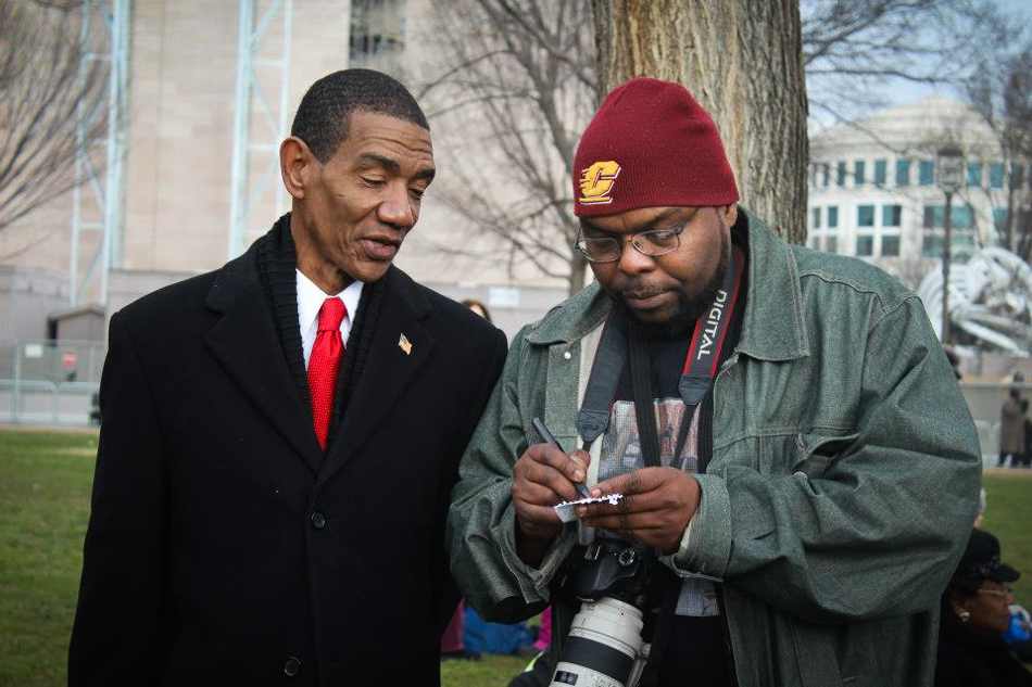 Ben Coleman interviews a Barack Obama look alike during the inauguration on January 21, 2013.